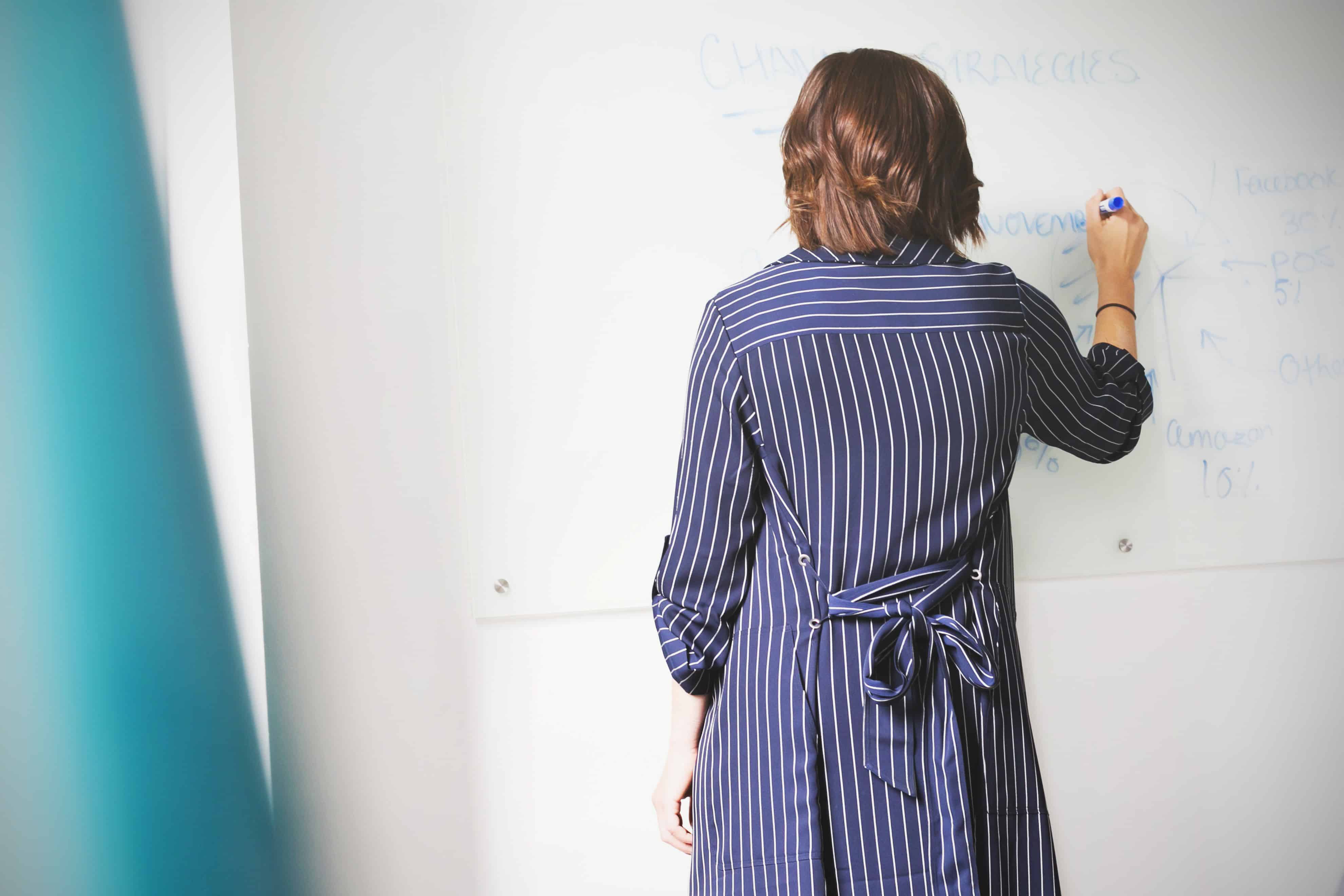 woman brainstorming writing on a whiteboard