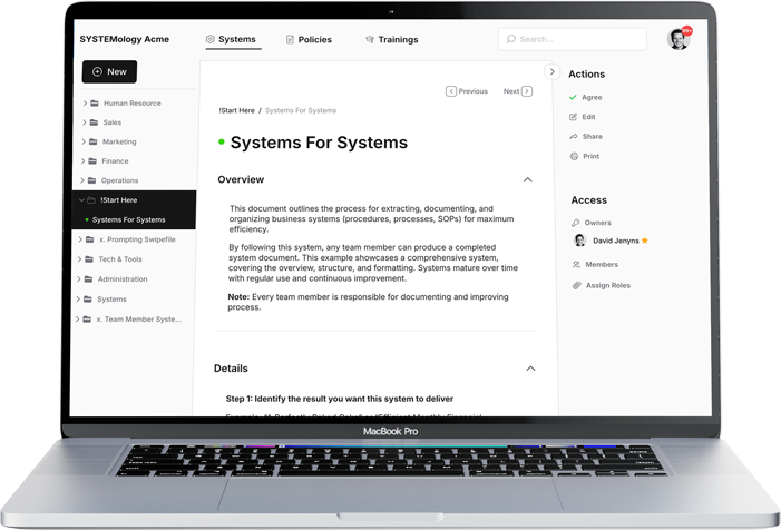 A populated systemHUB account showing documented systems