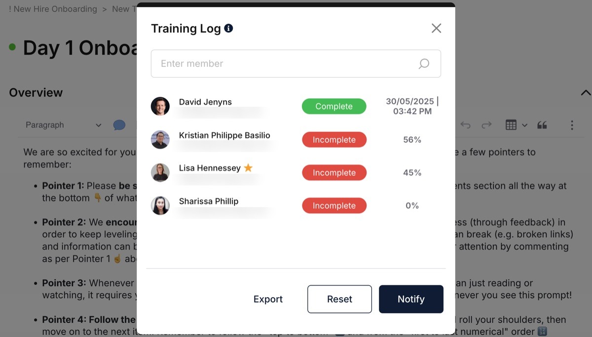 systemHUB SOP approvals — team training tracks and acknowledgement status