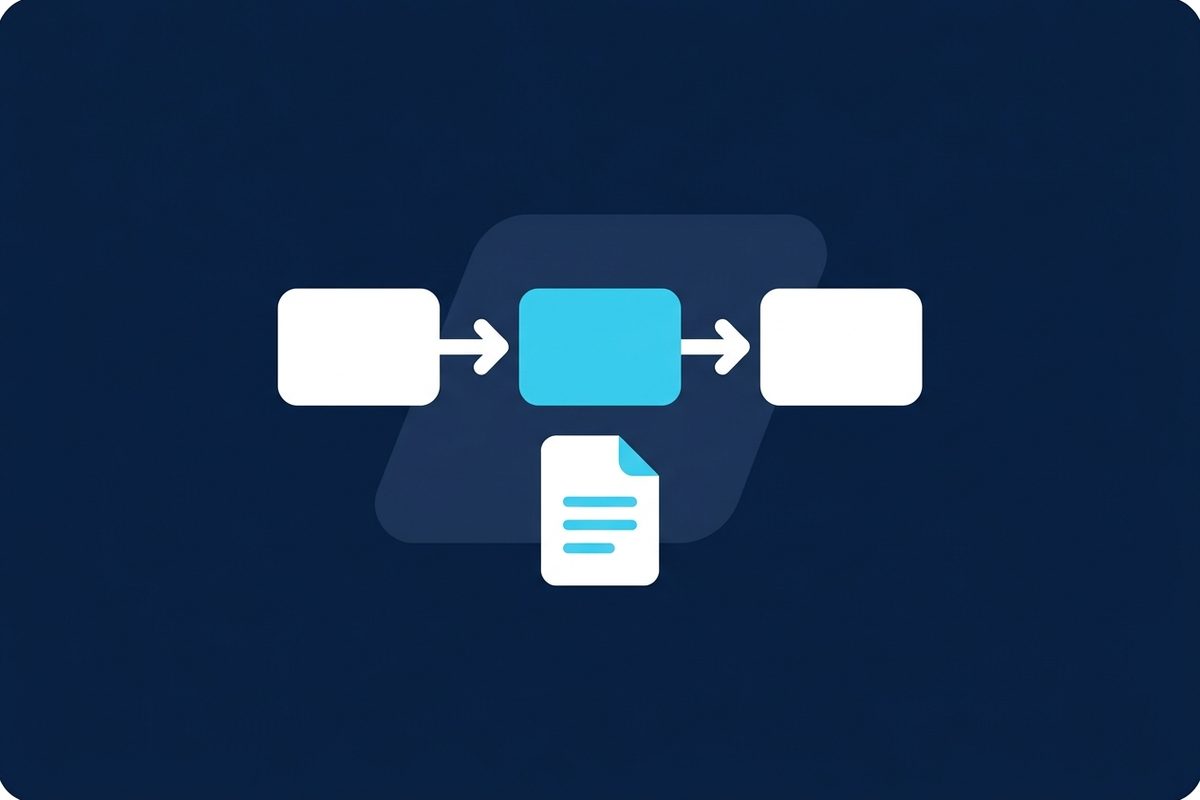 Flowchart with connected steps and a process document illustration: how to document a business process