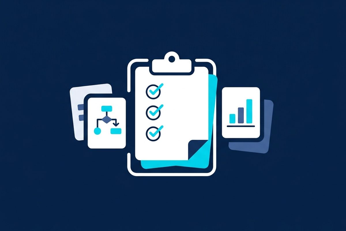 Clipboard checklist with process documents illustration: standard operating procedure examples