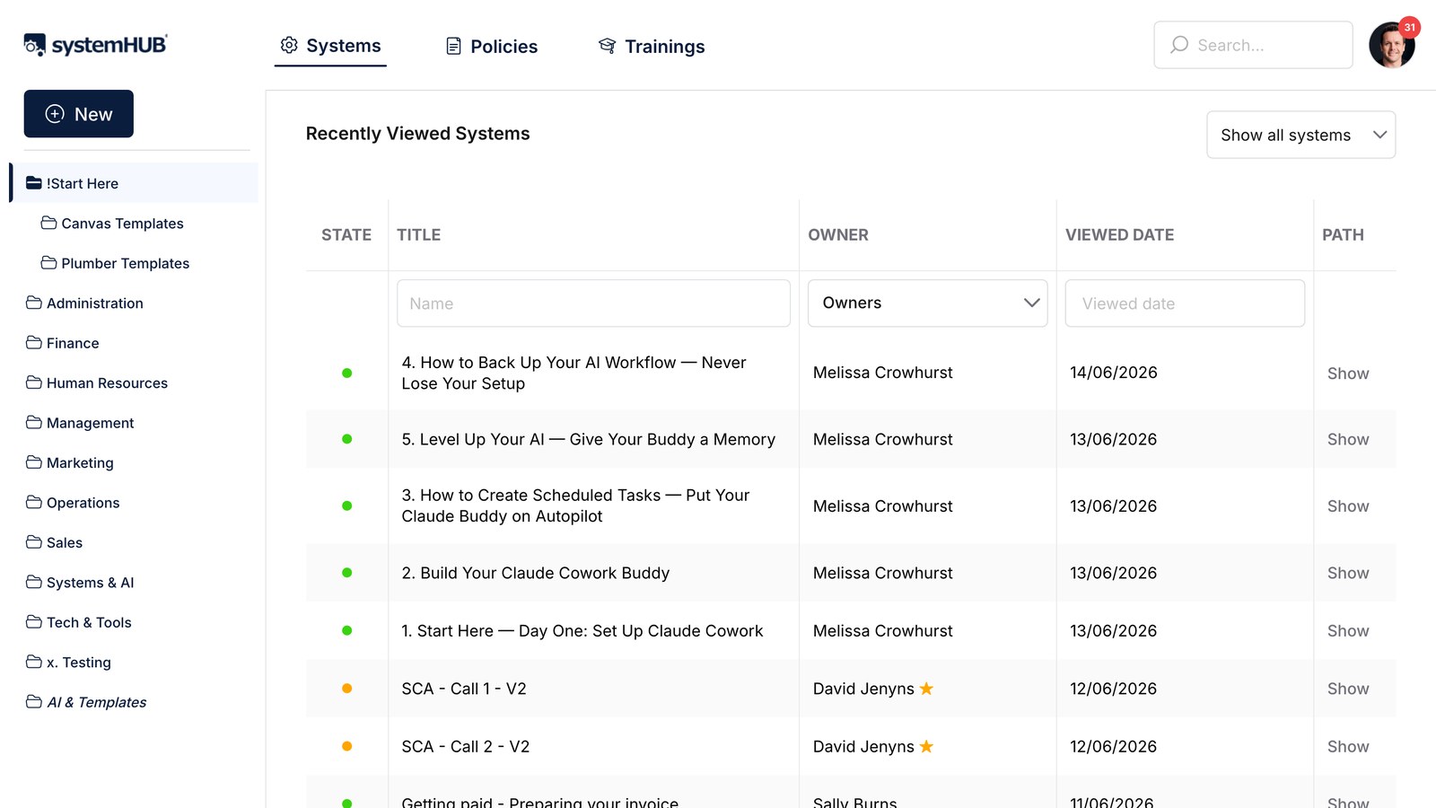The systemHUB Systems library with department folders and an owner on every system